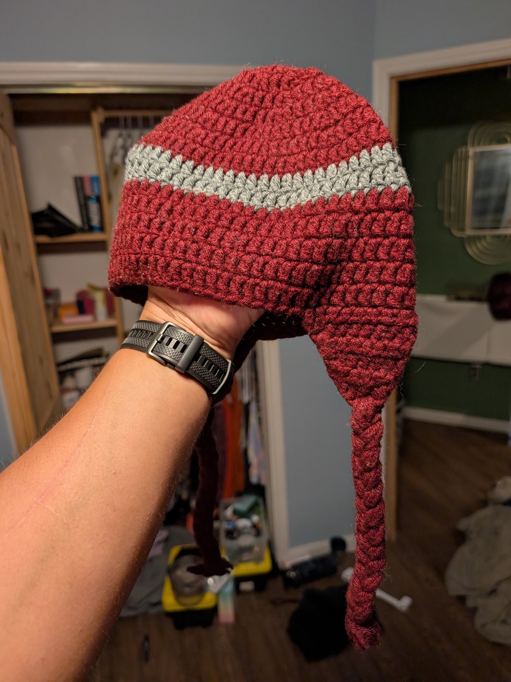 Kids Crochet Earflap Beanie Hat - Burgundy with Gray Stripe